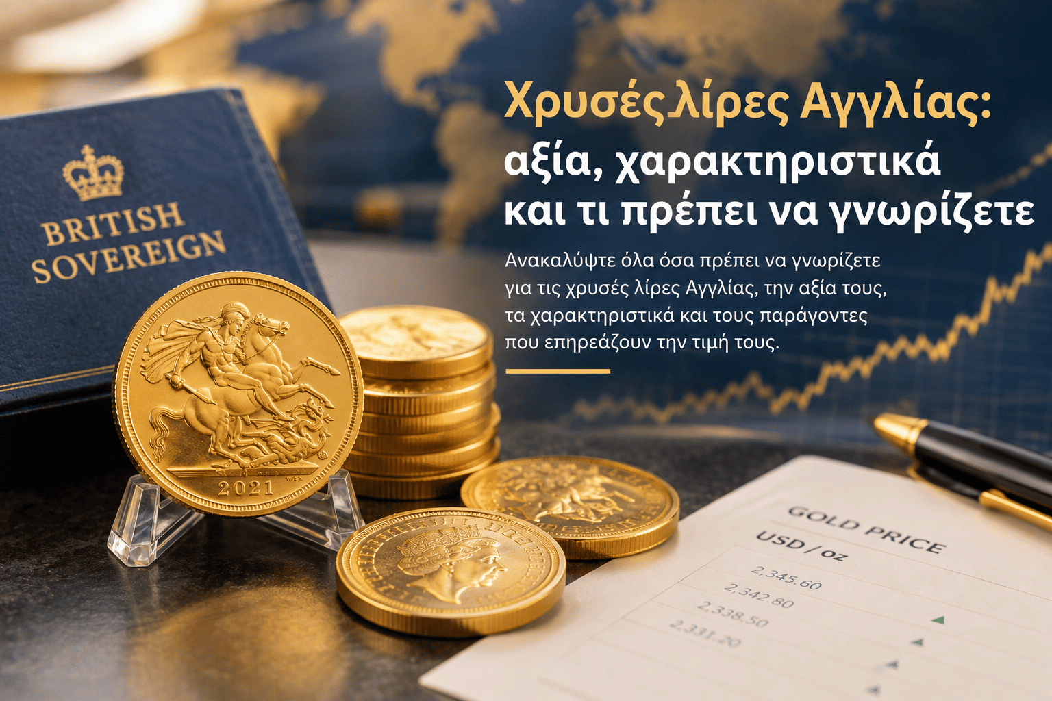 Χρυσές λίρες Αγγλίας με νόμισμα British Sovereign και διάγραμμα τιμής χρυσού