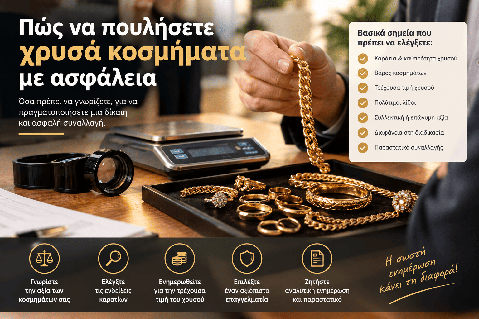 pwlisi-kosmimata-asfaleia Εκτίμηση χρυσών κοσμημάτων πριν από την πώληση με ζυγαριά ακριβείας και μεγεθυντικό φακό