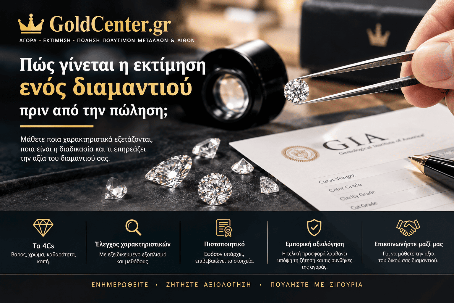pws-ginetai-h-ektimisi-enos-diamantiou-prin-tin-polisi Εκτίμηση διαμαντιού πριν από την πώληση με έλεγχο των 4Cs, πιστοποιητικού και εμπορικής αξίας από το GoldCenter.gr.