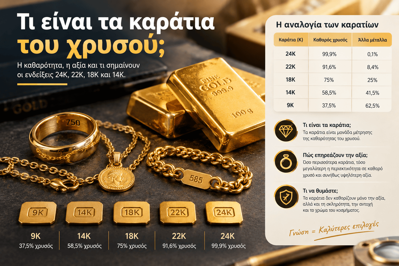 ti-einai-ta-karatia Τι είναι τα καράτια του χρυσού με ράβδους, κοσμήματα και σύγκριση καθαρότητας 9Κ, 14Κ, 18Κ, 22Κ και 24Κ.