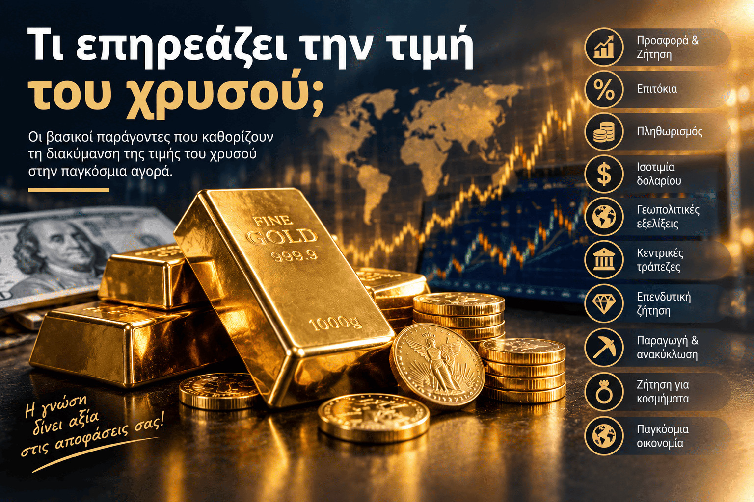 ti-epireazei-timi-xrisou Τι επηρεάζει την τιμή του χρυσού με ράβδους χρυσού, χρυσά νομίσματα, διάγραμμα αγοράς και βασικούς οικονομικούς παράγοντες