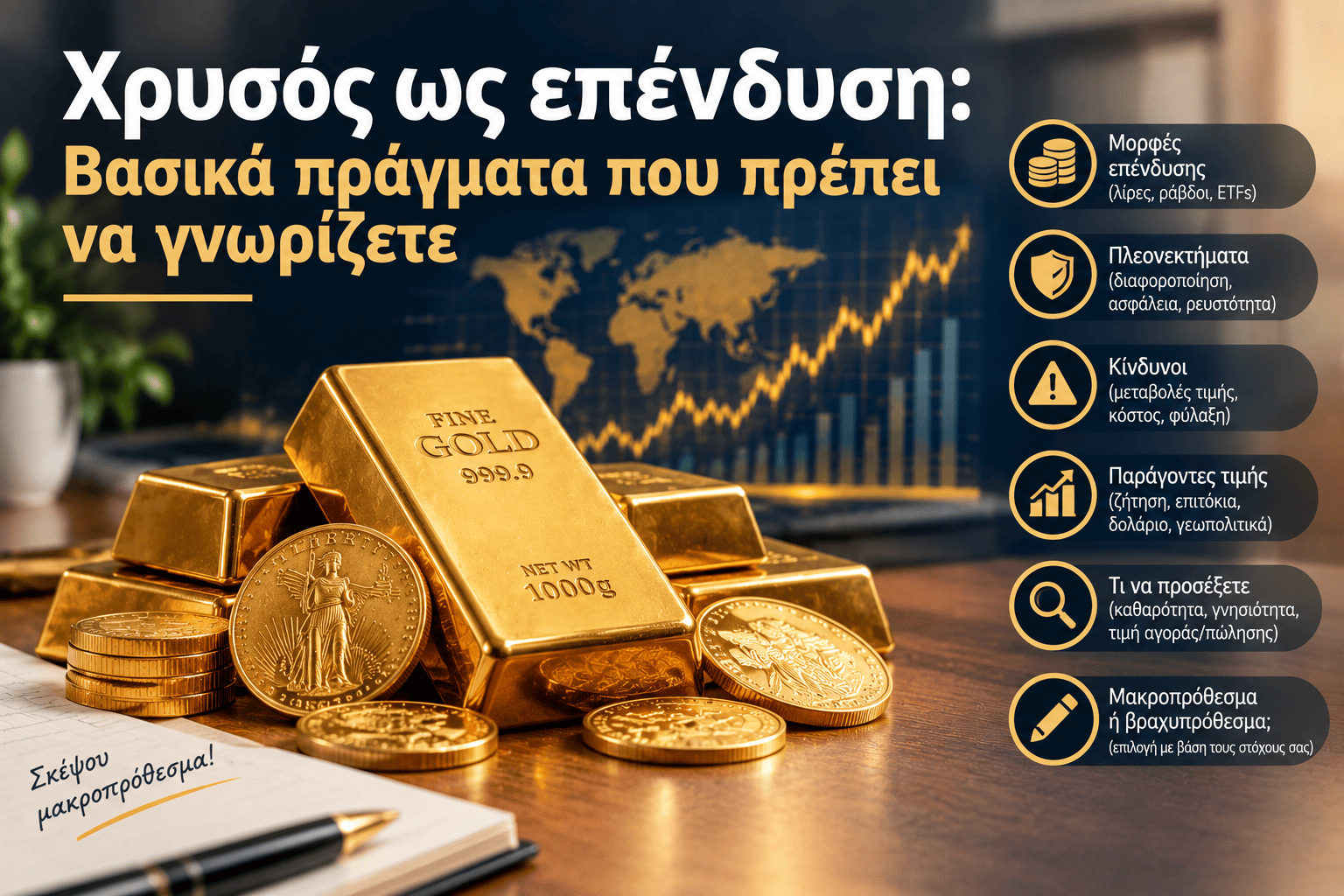 xrisos-ependisi-ti-na-gnwrizete Χρυσός ως επένδυση με ράβδους χρυσού, χρυσά νομίσματα, διάγραμμα τιμής και βασικές πληροφορίες για επενδυτές